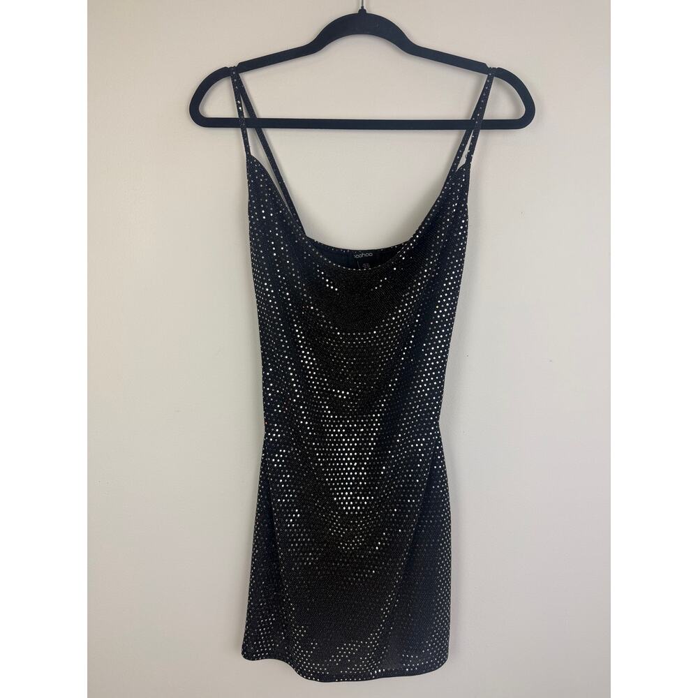 Boohoo Womens Cowl Neck Sequin Spaghetti Strap Sparkle Black Mini Dress US 10